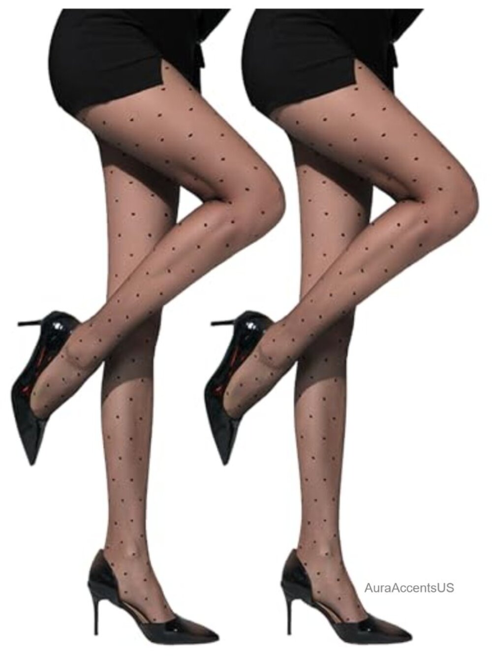 2 Pair Sheer Patterned Nylon Tights Women Polka Dots Back Seam
